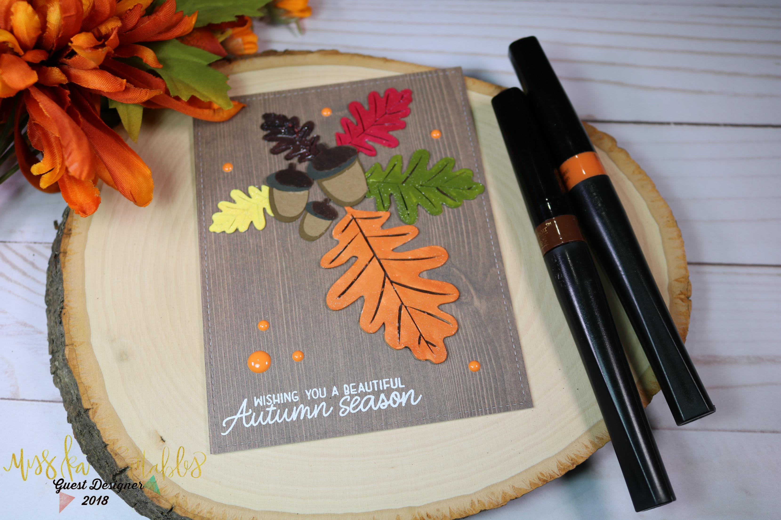 Miss Kate Cuttables SVG file Oak Leaves colored with Spectrum Noir Sparkle Marker Fall inspired card created with Cricut Explorer. 